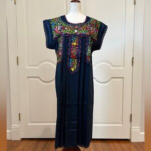 Mexican Navy blue dress, Oaxaca dress, hand embroidery dress.